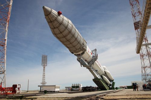 Proton-M rocket raised at Baikonur Cosmodrome site