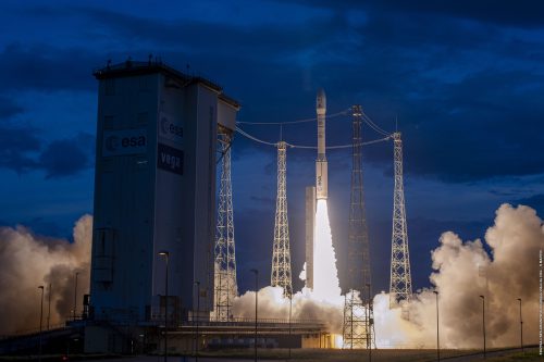Arainespace Vega rocket launching Spire satellites