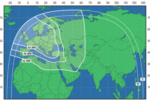 AM22 satellite (53° E) Downlink coverage, European service zone, Ku- band