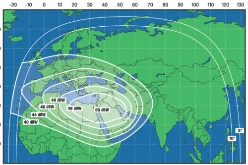 AM22 satellite (53° E) Sample of downlink coverage, Steerable beam 2, Ku-10 band